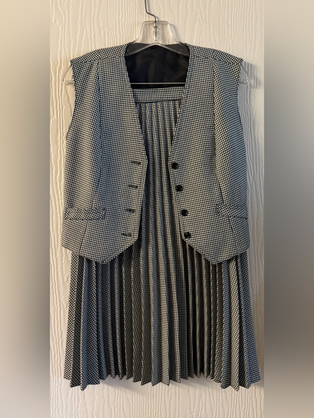 Women’s - Black & White Houndstooth Pleated Dress with Matching Vest